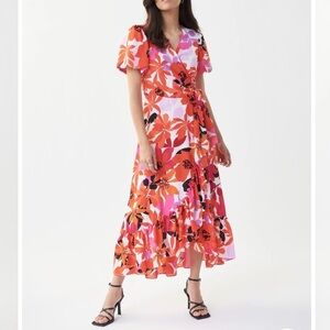Joseph Ribkoff Orange Pink Floral Wrapped Maxi Dress Size 8 Formal Party Travel